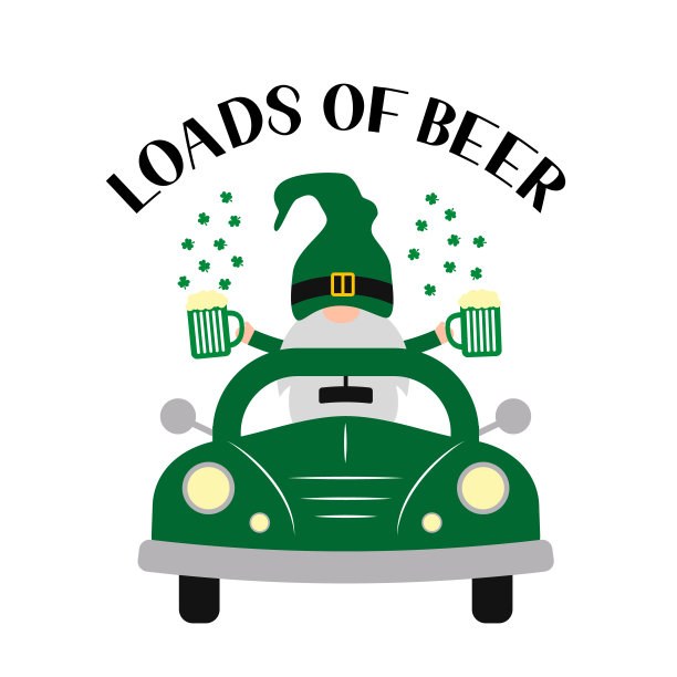圣Patrickâ日复古卡车与可爱的卡通侏儒。圣帕特里克节贺卡。很多啤酒上的字母。矢量模板横幅，海报，传单，明信片等图片下载