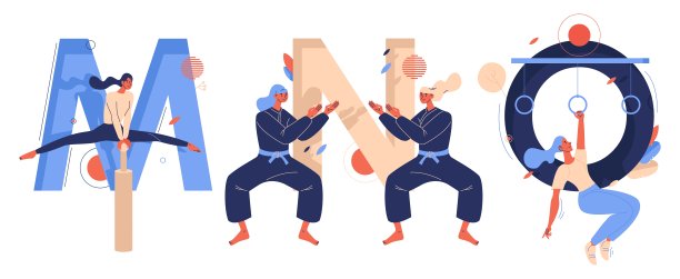 字母M代表马拉坎瑜伽，N代表忍术格斗者，O代表障碍赛女子训练。以蓝色和米色绘制的活跃女性角色的教育收藏图片下载