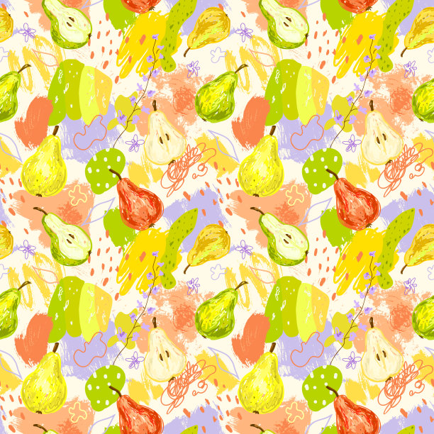 抽象的无缝图案与梨和笔触纹理在孟菲斯风格明亮的颜色红色，黄色，绿色与夏季积极的氛围。纹理印刷，织物，纺织品，壁纸。图片下载