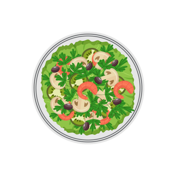 沙拉盘与冠军和虾，平面矢量插图孤立。图片下载
