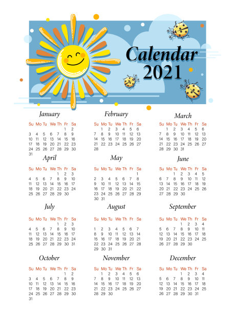 卡通太阳瓢虫日历模板2021图片下载