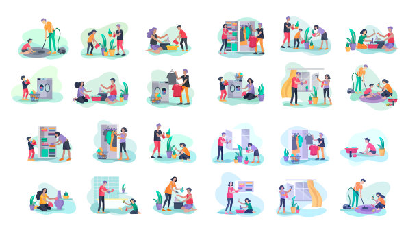 家庭做家务，孩子帮忙的场景图片下载