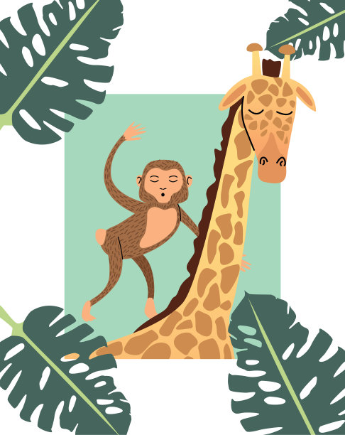 猴子和长颈鹿野生动物与树叶图片下载