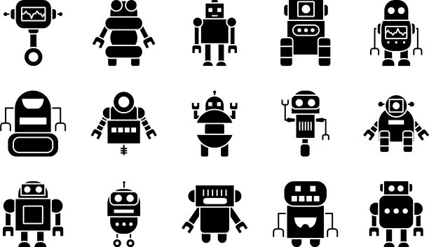 机器人和机器人图标设置剪影风格图片下载