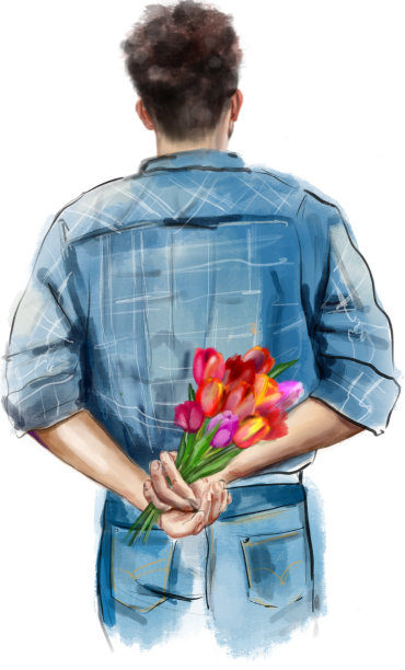 手持郁金香花束的男人水彩插画图片下载