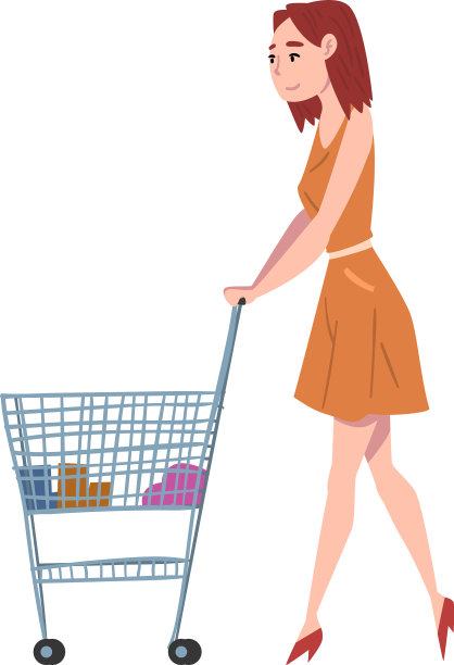 一个年轻女人和购物车女郎站在一起图片下载