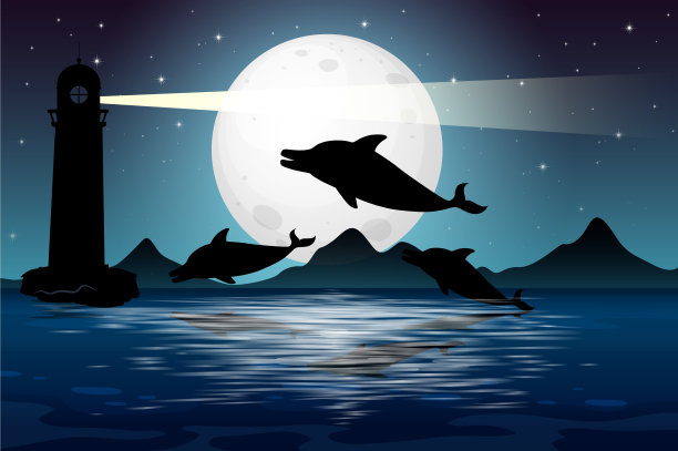 海豚在自然风景剪影图片下载