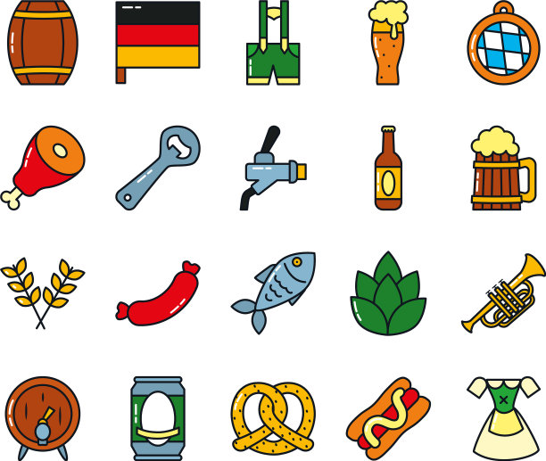啤酒杯和啤酒节图标设置扁平风格图片下载