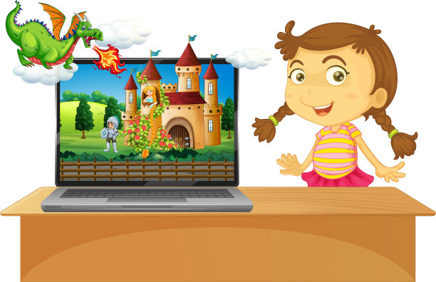 电脑旁边的女孩，屏幕上有城堡的场景图片下载