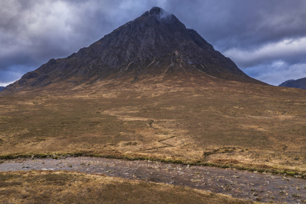 冬季的一天，在苏格兰高地的Buachaille Etive Mor和周围的山脉和山谷中飞行的无人机史诗般的景观图片图片下载