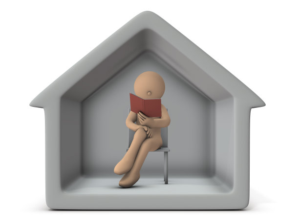 呆在家里。一个花时间在家读书的人物。白色背景。3 d渲染。图片下载