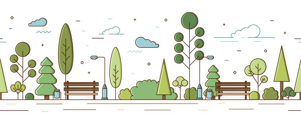 空旷的现代城市公园，有树木，灌木丛，长椅图片下载