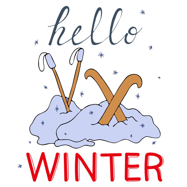 雪堆里的滑雪板和滑雪杆，用文字“你好”打招呼图片下载