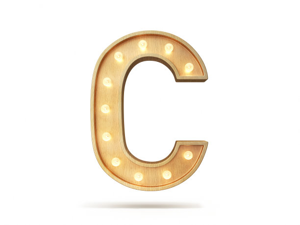 灯泡发光字体，3Dalphabet字母C，孤立的白色背景，股票照片图片下载