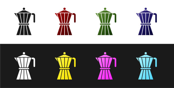 设置咖啡机moca壶图标孤立在黑色图片下载