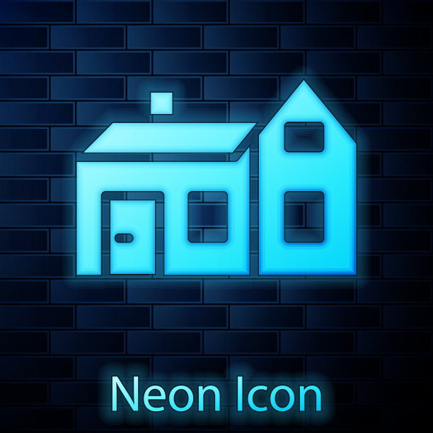 发光的霓虹灯房子图标孤立在砖墙上图片下载