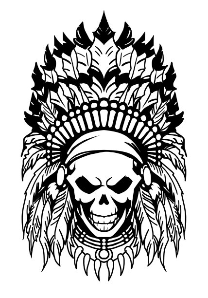 骷髅头与印第安人的头带标志-黑白插图图片下载