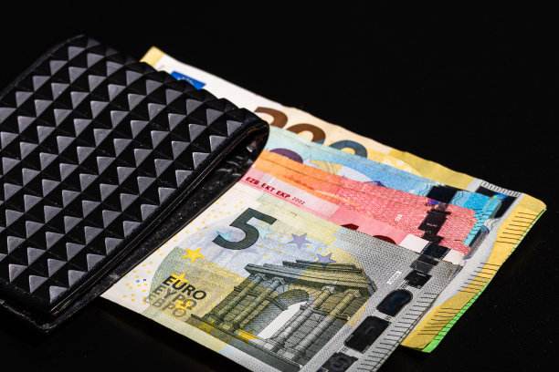 欧元钞票在黑色钱包孤立。图片下载