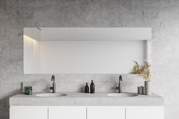 白色混凝土浴室，双水槽，特写图片下载