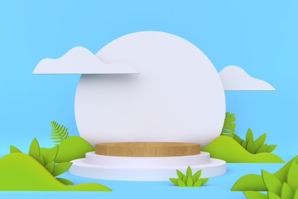 圆形基座或讲台与卡通甜植物和云。色彩缤纷的简约概念设计。抽象现代艺术插画的表现模板。3 d渲染。图片下载