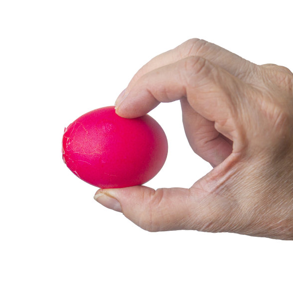 一名老年妇女手中破碎的红色复活节彩蛋被孤立在白色的背景上。图片下载