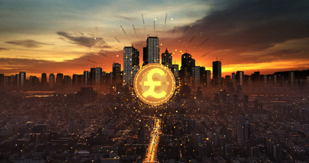 黄金英国英镑货币象征闪耀在城市之上。经营理念。图片下载