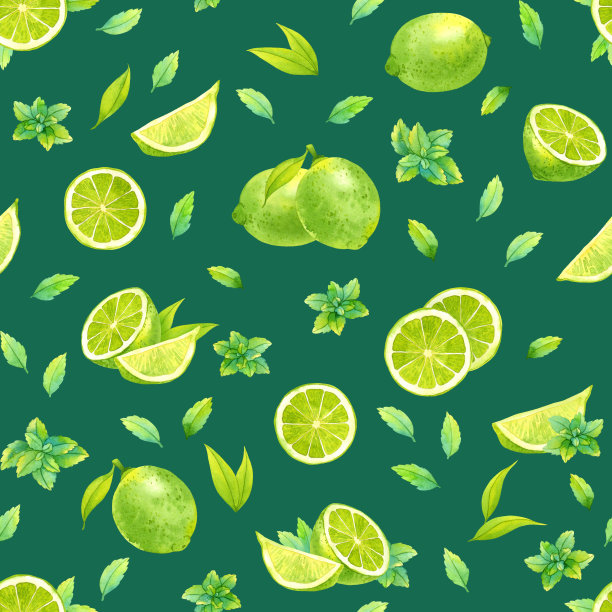 孤立无缝水彩图案与酸橙和薄荷图片下载