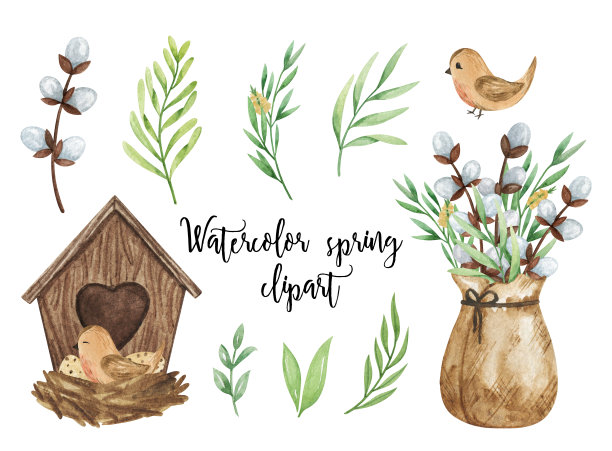 水彩复活节剪贴画，复活节元素孤立，春天剪贴画，水彩树叶集，鸟屋，柳树，植物树枝手绘插图图片下载