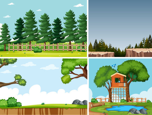 四个不同的场景在自然背景卡通图片下载