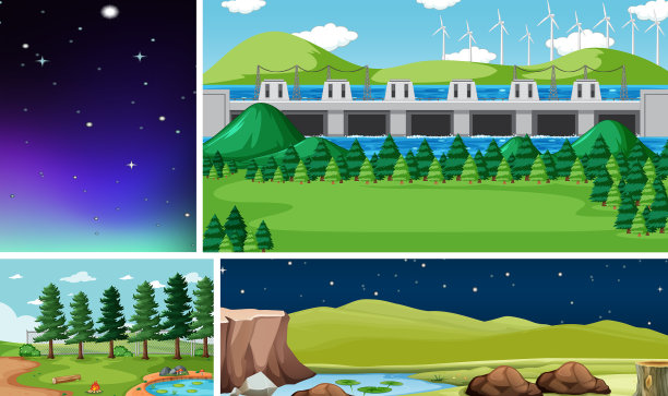 四个不同的场景在自然背景卡通图片下载