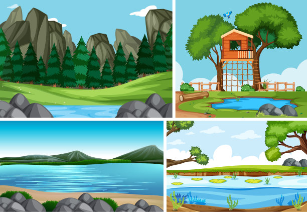 四个不同的场景在自然背景卡通图片下载