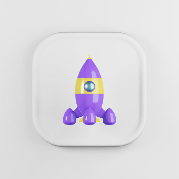 卡通明亮的火箭图标。3d渲染白色方形按键键，界面UI ux元素。图片下载