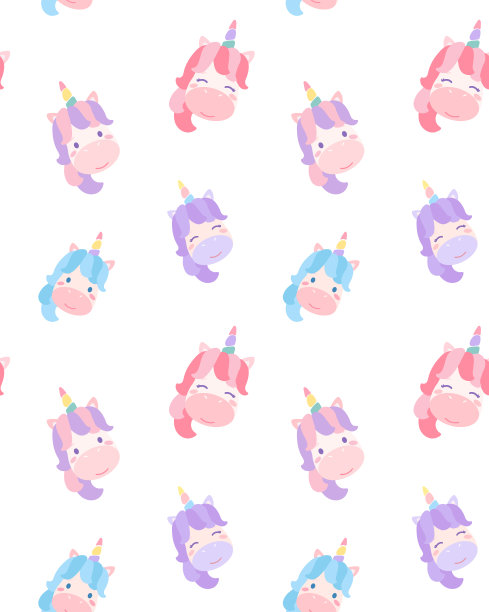 可爱的独角兽的模式。矢量卡通人物插图。设计 儿童纺织品。女孩,孩子。神奇的概念。孤立在白色背景上。可爱的独角马长着彩虹的角，美丽的头发。图片下载
