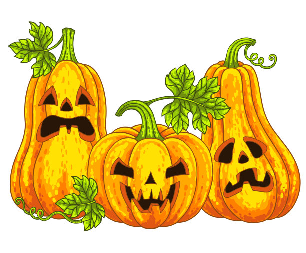 一组可爱的南瓜怪物与雕刻可怕的微笑。万圣节矢量插图在一个卡通风格为您设计的节日图片下载