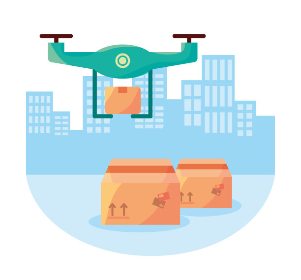 无人机飞行与纸箱快递服务图标图片下载