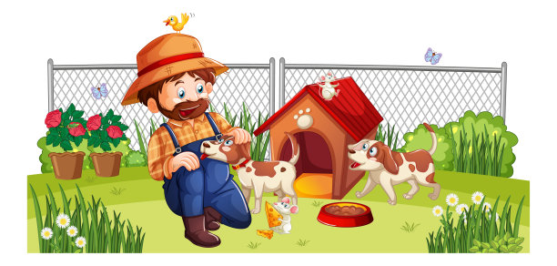 快乐的男人和狗在院子里图片下载