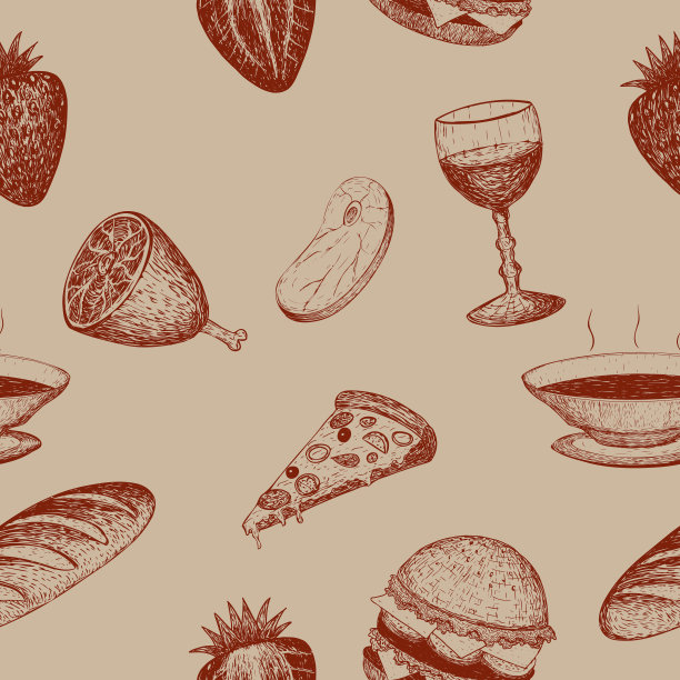 矢量无缝背景与食物和饮料在复古复古风格图片下载
