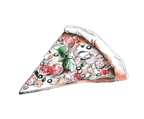 在白色的背景上的一片披萨的水彩画插图。意大利辣香肠图片下载