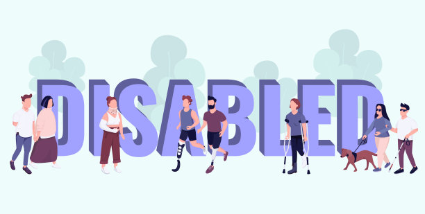 禁用字概念平面颜色向量横幅。孤立的排版与微小的卡通人物。残疾人和受伤的人积极的生活方式，创造性的插图在蓝色图片下载