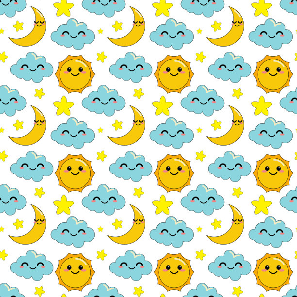 图案儿童与月亮，云，太阳，星星在卡通风格。在白色背景上。图片下载