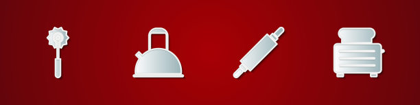 套披萨刀，水壶与把手，擀面杖和烤面包机图标。向量图片下载