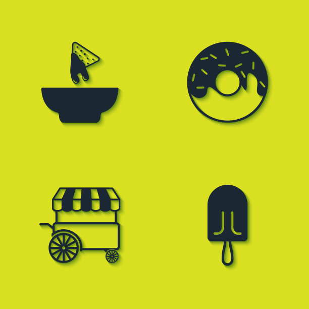 设置在盘子里的玉米片，冰淇淋，快餐街食品车和甜甜圈图标。向量图片下载