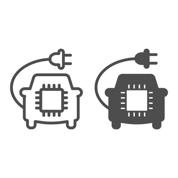 汽车与插头和处理器芯片线和固体图标，电动汽车概念，汽车电路板标志在白色背景，智能汽车的图标轮廓风格的移动和web。矢量图形。图片下载