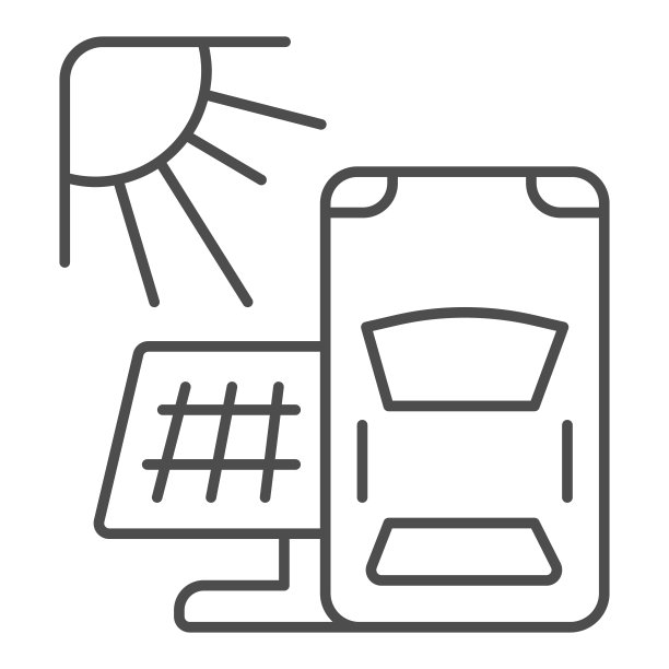 汽车与太阳能电池板和太阳细线图标，电动汽车概念，混合动力汽车和替代能源标志的白色背景，太阳能电动汽车的图标轮廓风格。矢量图形。图片下载