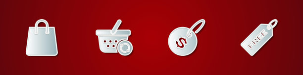 设置手提包，刷新购物篮，价格标签与美元和免费图标。向量图片下载