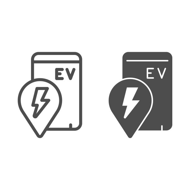 定位针和智能手机与电动汽车线和固体图标，电动汽车概念，位置电站标志上的白色背景，手机搜索充电站图标轮廓风格。矢量图形。图片下载