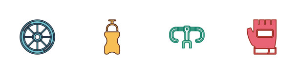 设置自行车车轮，运动水瓶与水，把手和手套图标。向量图片下载