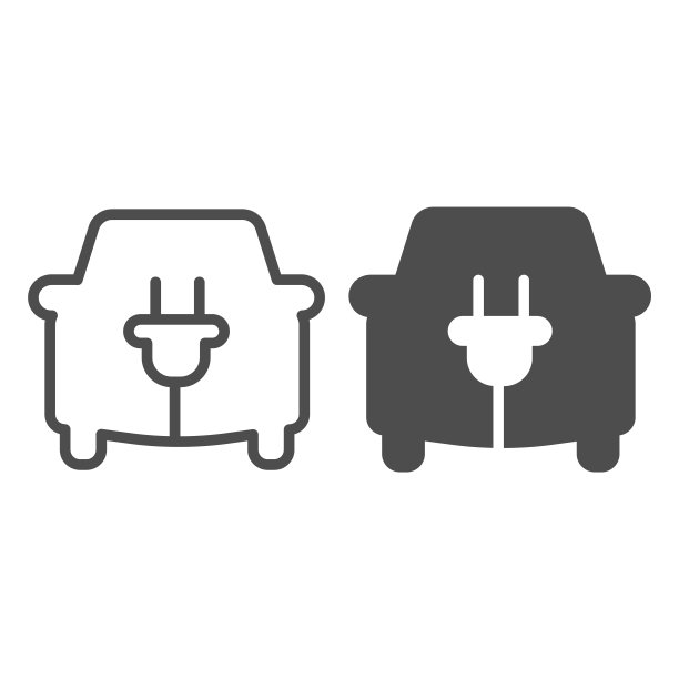 汽车和电线与插头线和固体图标，电动汽车概念，生态运输标志上的白色背景，电动生态汽车与电线插头图标在轮廓风格的移动，网页。矢量图形。图片下载