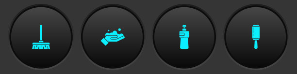 设置扫帚柄，洗手用肥皂，洗碗液瓶和粘合剂滚轮图标。向量图片下载