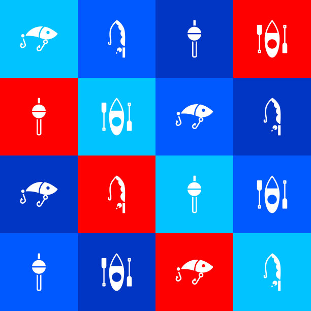 设置鱼饵，杆，浮子和皮划艇或独木舟图标。向量图片下载